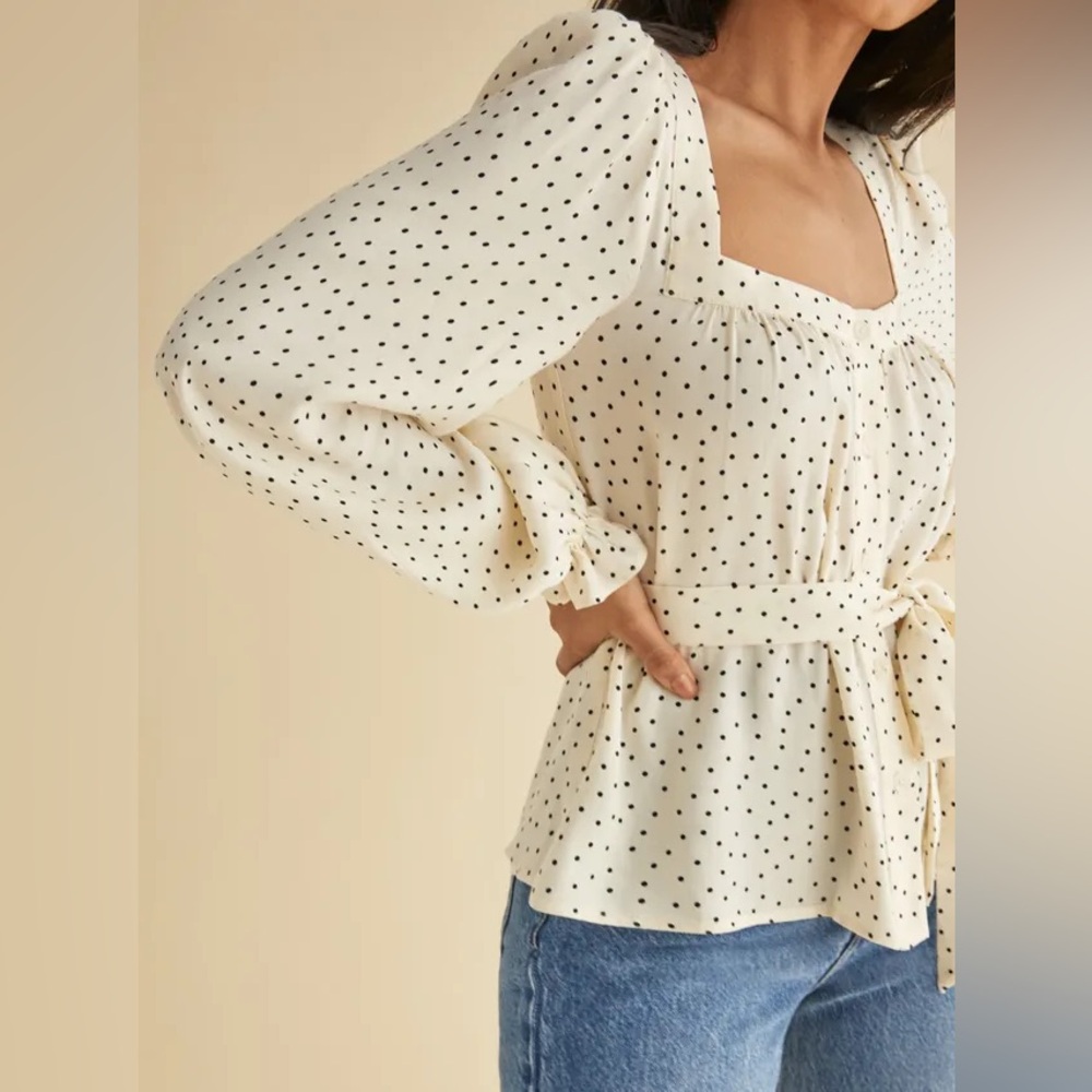 Reformation Bruno Dot Puff Sleeve Tie Waist Blouse Medium NWOT Ivory